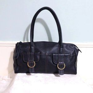 AK Anne Klein BLACK 100% Leather Satchel Bag Purse Top Zip Outside Pockets Lined